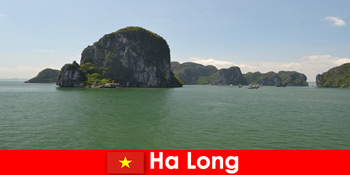 Εκδρομές με σκάφος για παραθεριστές στους γίγαντες των βράχων στο Ha Long Vietnam